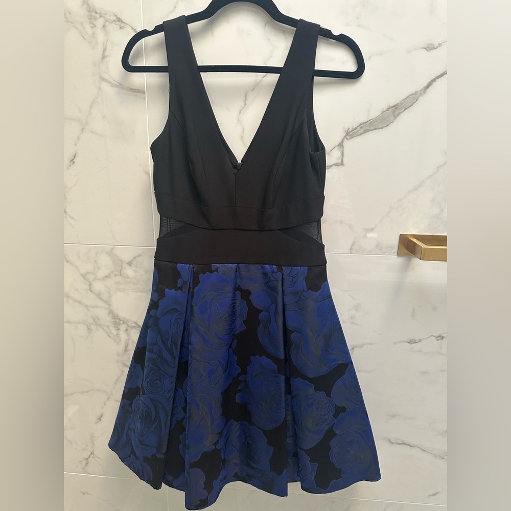 Xscape Black and Blue Fit and Flare Cocktail Dress